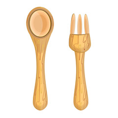Wooden pair of fork and spoon isolated on white background. Set of bamboo flatware icon top view. Bamboo disposable biodegradable table cutlery. Natural eco material utensils.Stock vector illustration