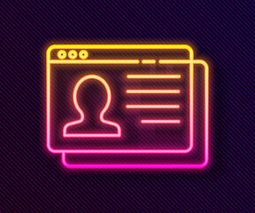 Glowing neon line Resume icon isolated on black background. CV application. Searching professional staff. Analyzing personnel resume. Vector.