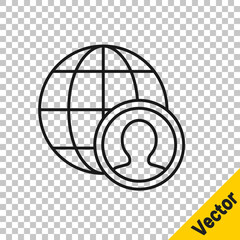Black line Globe and people icon isolated on transparent background. Global business symbol. Social network icon. Vector.