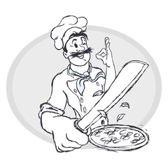 Smiling chef with a pizza. Hand-drawn vector illustration line sketch.