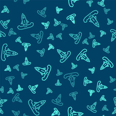Green line Rocket icon isolated seamless pattern on blue background. Vector.