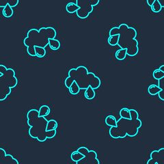 Obraz premium Green line Cloud with rain icon isolated seamless pattern on blue background. Rain cloud precipitation with rain drops. Vector.