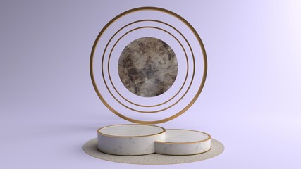 Round stone Pedestal. Bending a golden circle frame And the marble in the middle is the art dimension behind the podium and can be used for advertising, Isolated on violet background , 3D rendering.