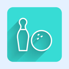 White line Bowling pin and ball icon isolated with long shadow. Sport equipment. Green square button. Vector.