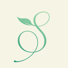 Letter S logo with leaf.Calligraphic lettering in an elegant, luxury style.Uppercase alphabet initial with natural element isolated on light background.