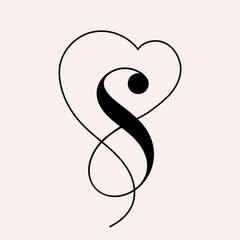 Letter S logo.Calligraphic lettering with decorative line in shape of heart.Vector icon alphabet initial.Romantic, wedding style character isolated on light background.