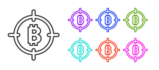 Black line Bitcoin in the target icon isolated on white background. Investment target icon. Set icons colorful. Vector.