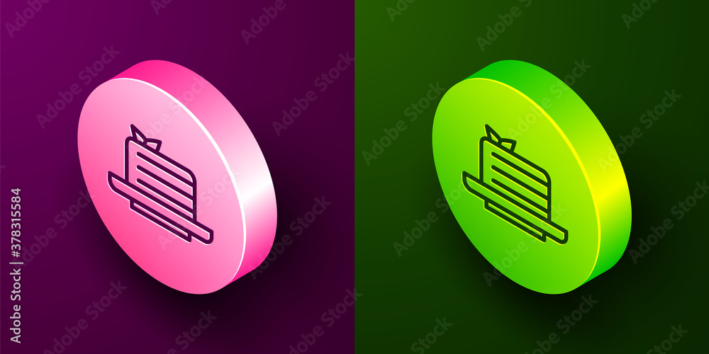 Poster isometric line medovik icon isolated on purple and green background. honey layered cake or russian c