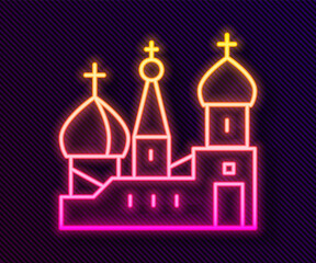 Glowing neon line Moscow symbol - Saint Basil's Cathedral, Russia icon isolated on black background. Vector.