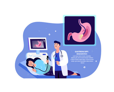 Doctor Gastroenterologists,Gastroscopy Researching,Curing Patient Stomach Ache.Diagnostics,Gastric Catheter.Abdominal Clinic Consultation Medical Hospital.Digital Service,Treatment.Vector Illustration