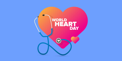 world heart day horizontal banner or background with heart isoalted on blue layout.
