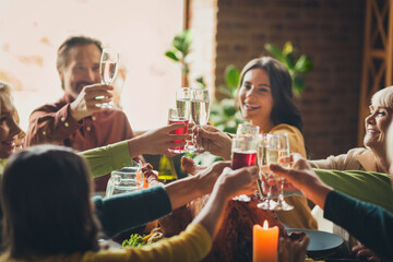 Big friendly diversity family thanks giving party turkey served dinner table drink sparkling wine...