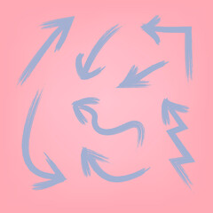 Vector Pastel Arrows Set, Pink Background and Light Blue Arrow Signs, Direction, Brush Strokes.