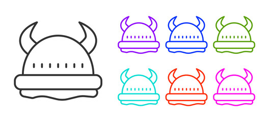Black line Viking in horned helmet icon isolated on white background. Set icons colorful. Vector.