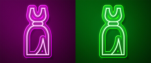 Glowing neon line Woman dress icon isolated on purple and green background. Clothes sign. Vector.