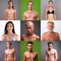 Collage of multi ethnic and mixed age people shirtless