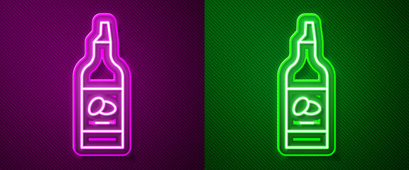 Glowing neon line Bottle of olive oil icon isolated on purple and green background. Jug with olive oil icon. Vector.