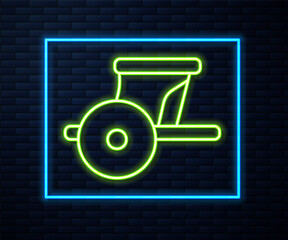 Glowing neon line Ancient Greece chariot icon isolated on brick wall background. Vector.