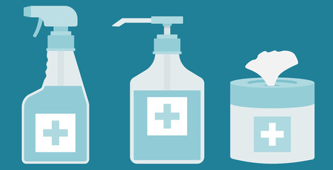Disinfection for hand hygiene equipment for pandemic.Vector disinfection equipment set from pandemic collection.