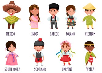 Cheerful Girls and Boys Wearing National Costumes of Different Countries Vector Illustration Set