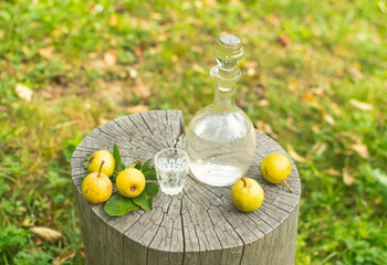 Bottle and glass of pear rakia on rural surrounding