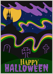 Happy Halloween Postcard, Cover, Poster Template, Cemetery, Castle, Night Scene 