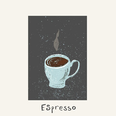 Hand drawn espresso coffee cup with smoke sketch