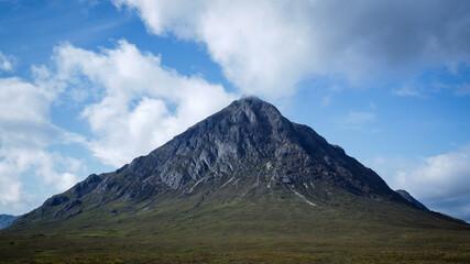 aerial view of rannoch moor and buachaille etive mor on the edge of glen coe in the argyll region of the highlands of scotland during autumn