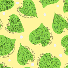 Seamless vector pattern with monstera tropical leaf on yellow background. Hand drawn illustration. Fabric, wrapping paper texture. Design for card, postcard, poster, banner.