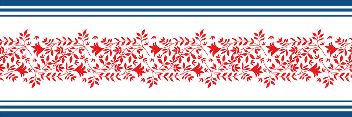 Vector border with damask style wild meadow and striped edging. Stylized red leaves in horizontal rows on white backdrop. Geometric damask style design. Botanical foliage illustration for ribbon, trim