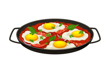 Shakshuka Dish of Poached Eggs in Tomato Sauce Served in Cast Iron Pan Vector Illustration