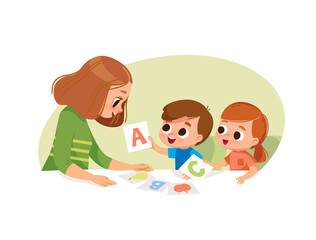 Children two kids learning letters with mother teacher. Learning alphabet with flashcards cards. Early education.
