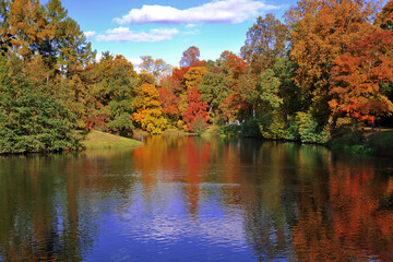ake in the autumn park, trees are dressed in autumn clothes and are reflected in the water. horizontal photo.