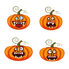 Set Pumpkins Halloween funny faces open mouths creepy and scary funny jaws teeths creatures expression monsters characters