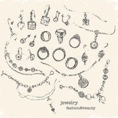 Hand drawn jewelry with gems and pearls