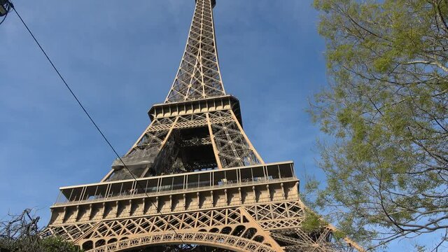 View of the Eiffel Tower. External view from below of the Eiffel Tower in Paris