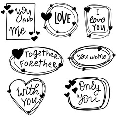 Vector background with hearts and frame of doodles.