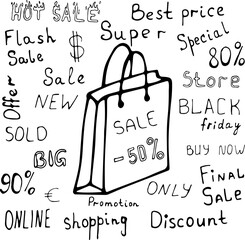 Vector illustration of a package, bag with space for text in the Doodle style. Words on the topic of sales, trade, purchases, sales. Can be used for fabric, textiles, paper, Wallpaper, books.