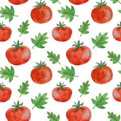 Watercolor pattern of tomatoes and leaves. Hand-drawn illustration isolated on the white background.