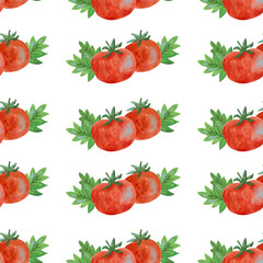 Watercolor pattern of tomatoes and leaves. Hand-drawn illustration isolated on the white background.