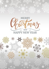 Vertical Christmas banner with colored snowflakes and inscription Merry Christmas and Happy new year.