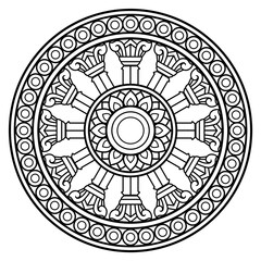 Dharma wheel in Buddhism religion concept. another name is Dhamma Chak or Wheel of Dharma This picture is used as a symbol of the Thai Sangha. Unique in that it has 12 inner grips or bars.