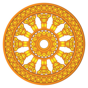 Golden dharma wheel in Buddhism religion concept. another name is Dhamma Chak or Wheel of Dharma This picture is used as a symbol of the Thai Sangha. Unique in that it has 12 inner grips or bars.