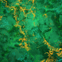 Fototapeta na wymiar Green, olive green marble texture, oriental ebru technique, modern art, mixed acrylic paint streaks, golden glittering streaks, delicate curls