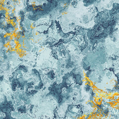 Blue marble texture, oriental ebru technique, modern art, mixed acrylic paint streaks, golden glitter veins, delicate curls