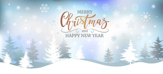 Merry Christmas postcard with winter forest. Festive banner.