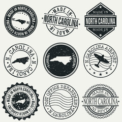 North Carolina Set of Stamps. Travel Stamp. Made In Product. Design Seals Old Style Insignia.