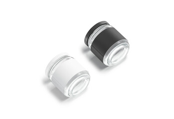 Blank glass jar with black and white label mockup lying