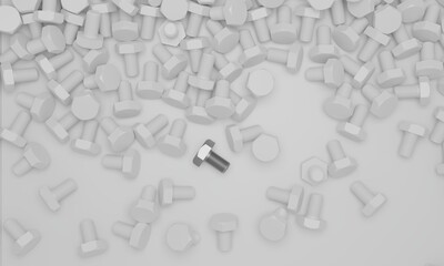 white screws, bolts on a white background and one stainless steel bolt in the center, top view. 3D rendering				
