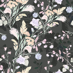 Watercolor  different meadow flowers  on dark background. Floral seamless pattern for fabric.